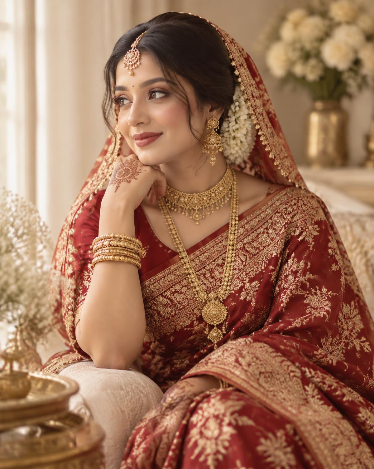 Bride in a red and gold saree with bridal makeup by Nusrat